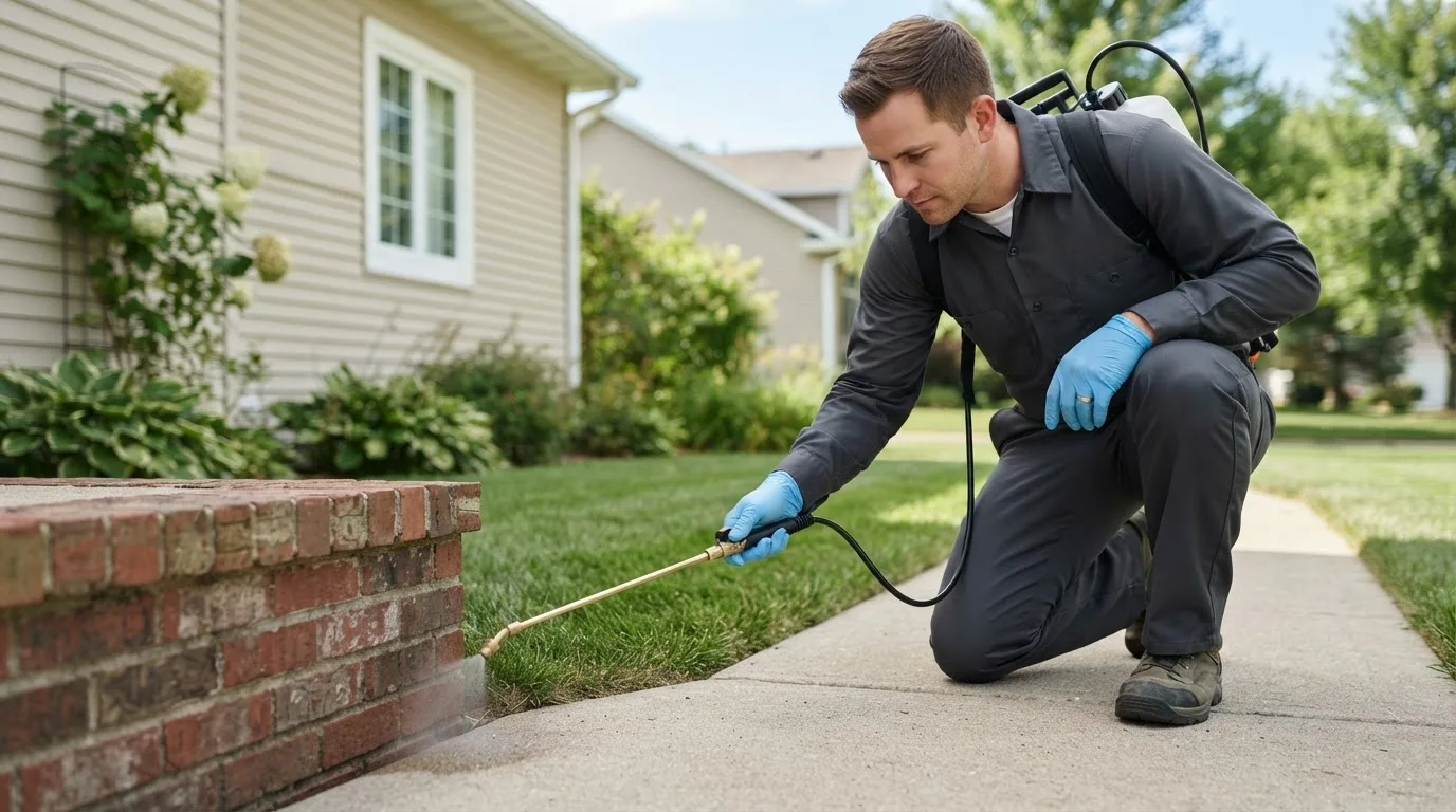 Pest control technician treating a home near Pettisville, OH