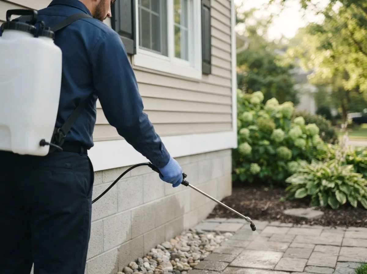 Pest control technician inspecting a home in Pettisville, OH